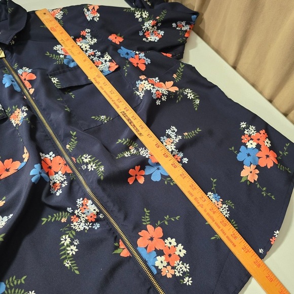 Michael Kors Blouse Womens 3X Blue Floral Zip Front Roll Tab Sleeve Office - Picture 11 of 12